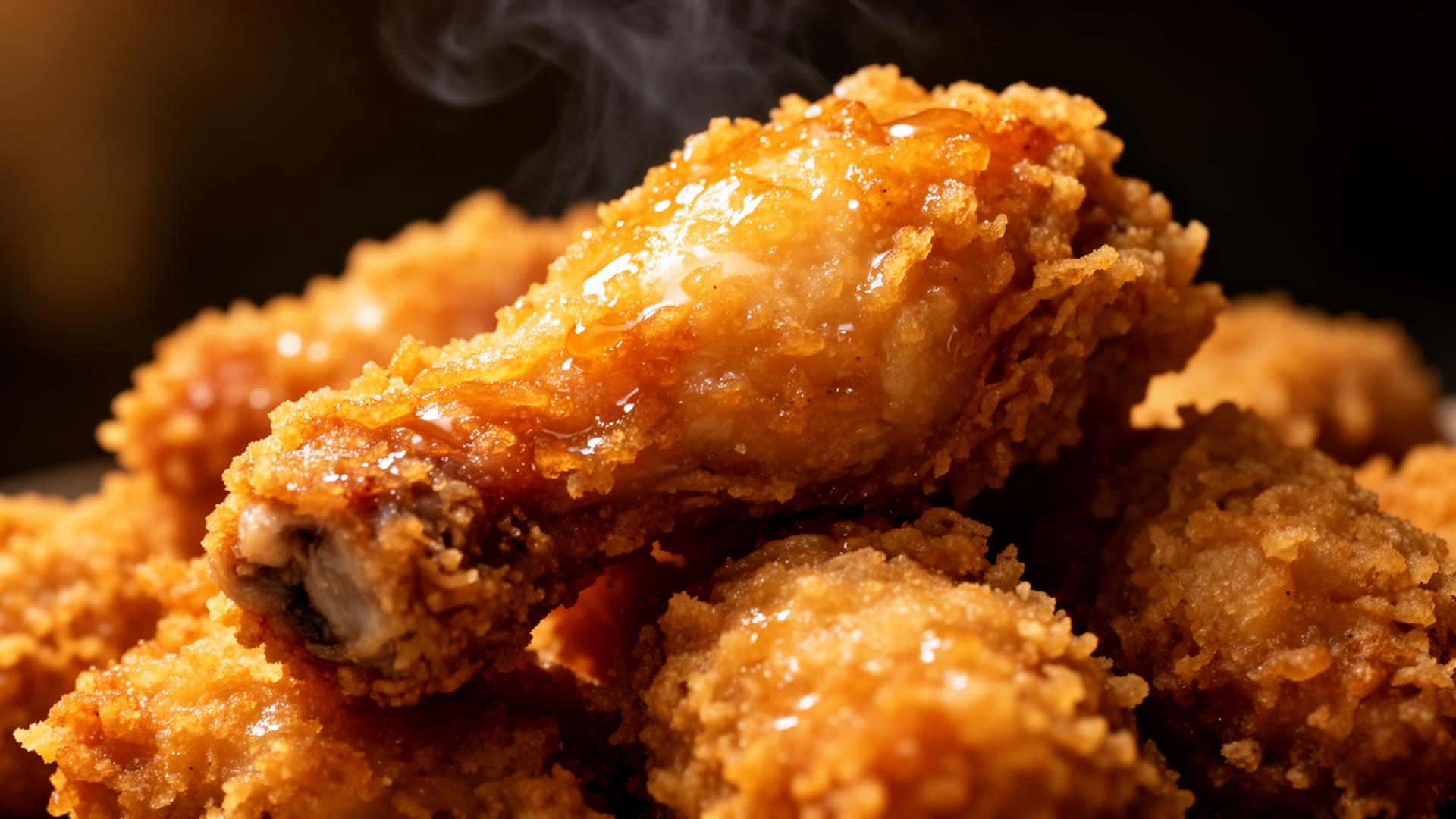 Macro of crispy golden fried chicken