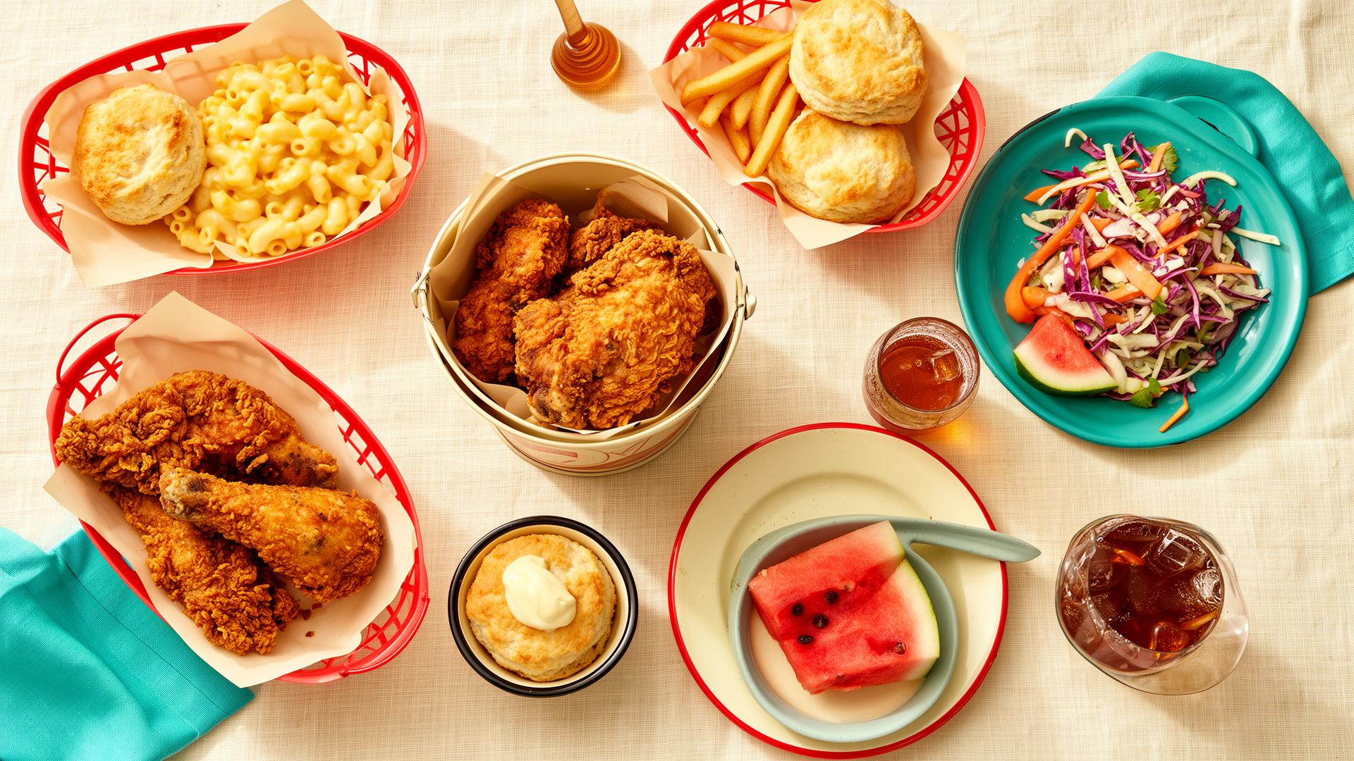 An overhead family-style spread