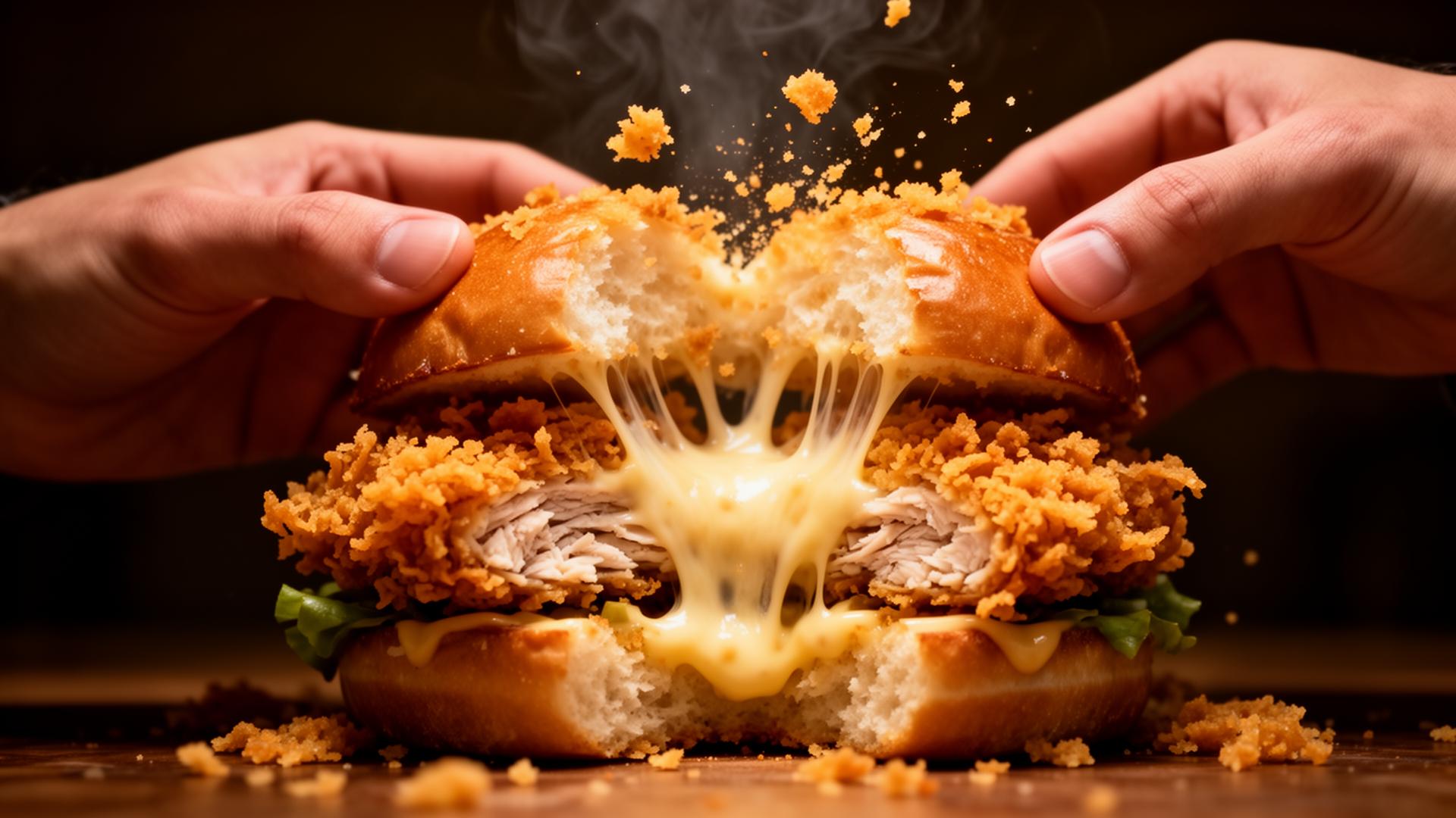 Hands pulling apart a crispy chicken sandwich